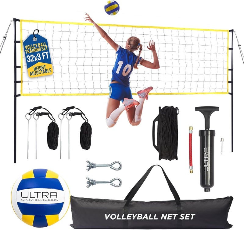 Ultra Sporting Goods Volleyball Net for Backyard, Includes 32x3 Ft Beach Volleyball Net with Poles, 8.5-Inch PU Volley Ball, Bag & Pump, Portable Net for Outdoor or Home Use, Complete Set - Image 1